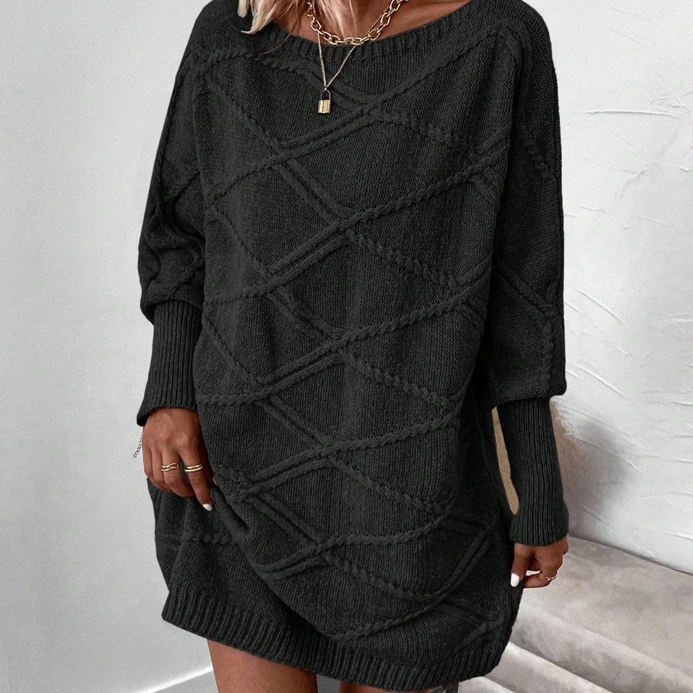 Black Casual Womens Solid Color Batwing Sleeve Sweater Dress - Picture 5 of 5